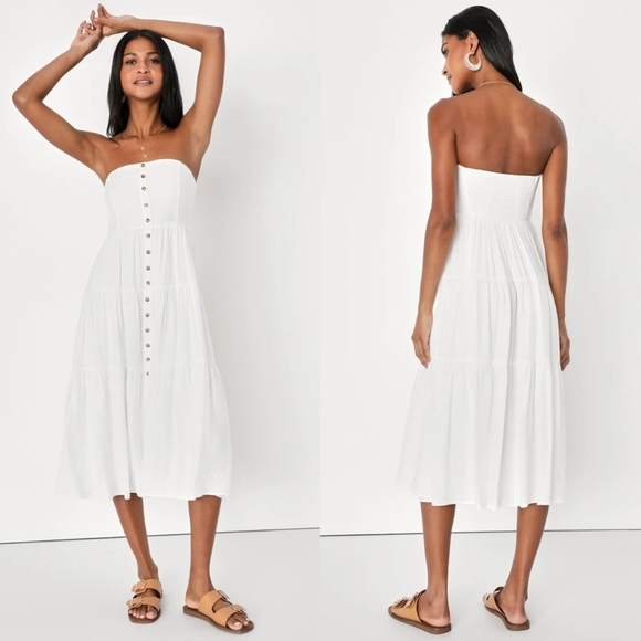 Lulus Sweetness and Sunshine White Strapless Midi Dress With Pockets S Wedding - Picture 1 of 9